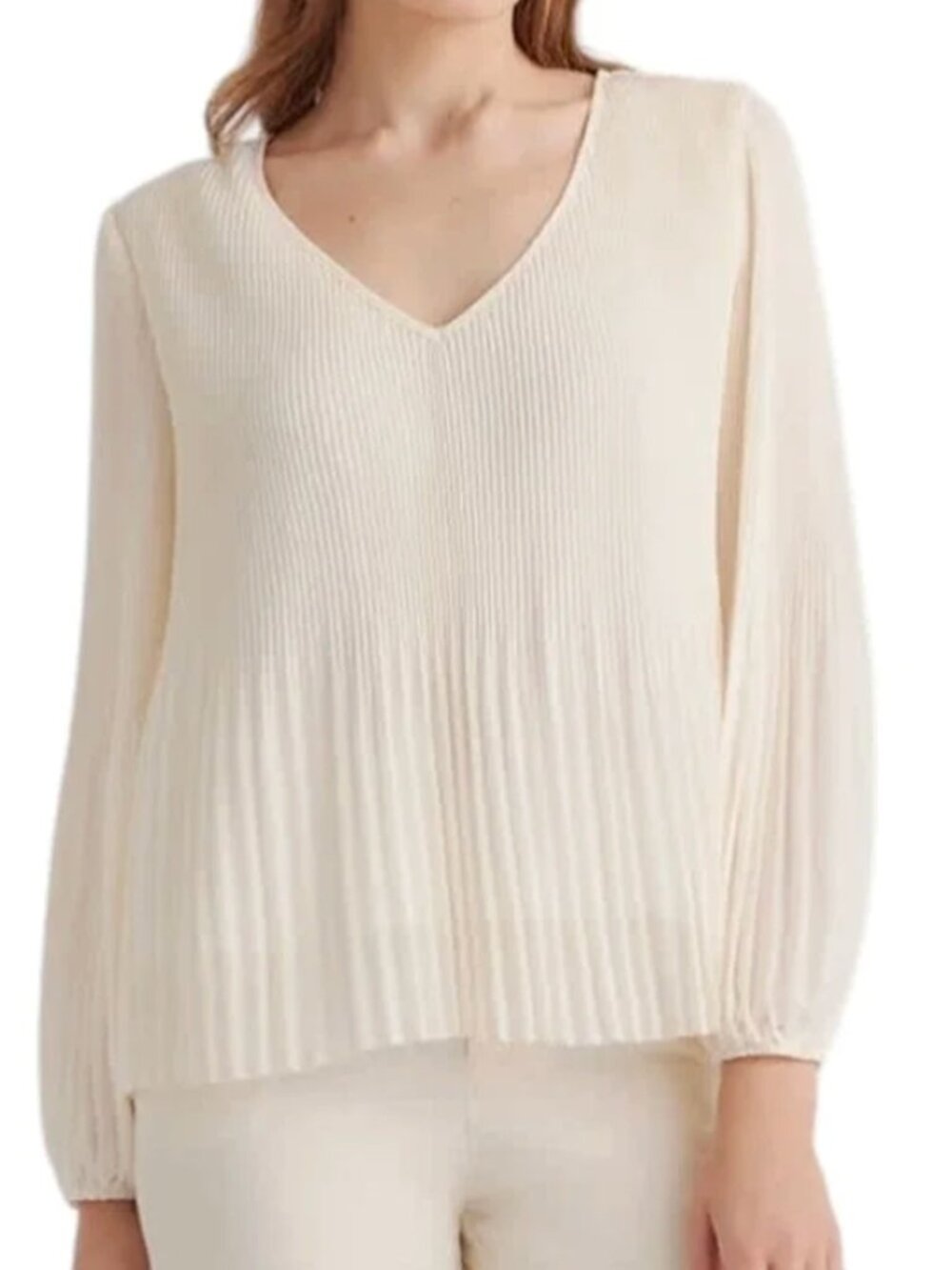 Quince Chiffon Pleated V-Neck Blouse Ivory Size Medium